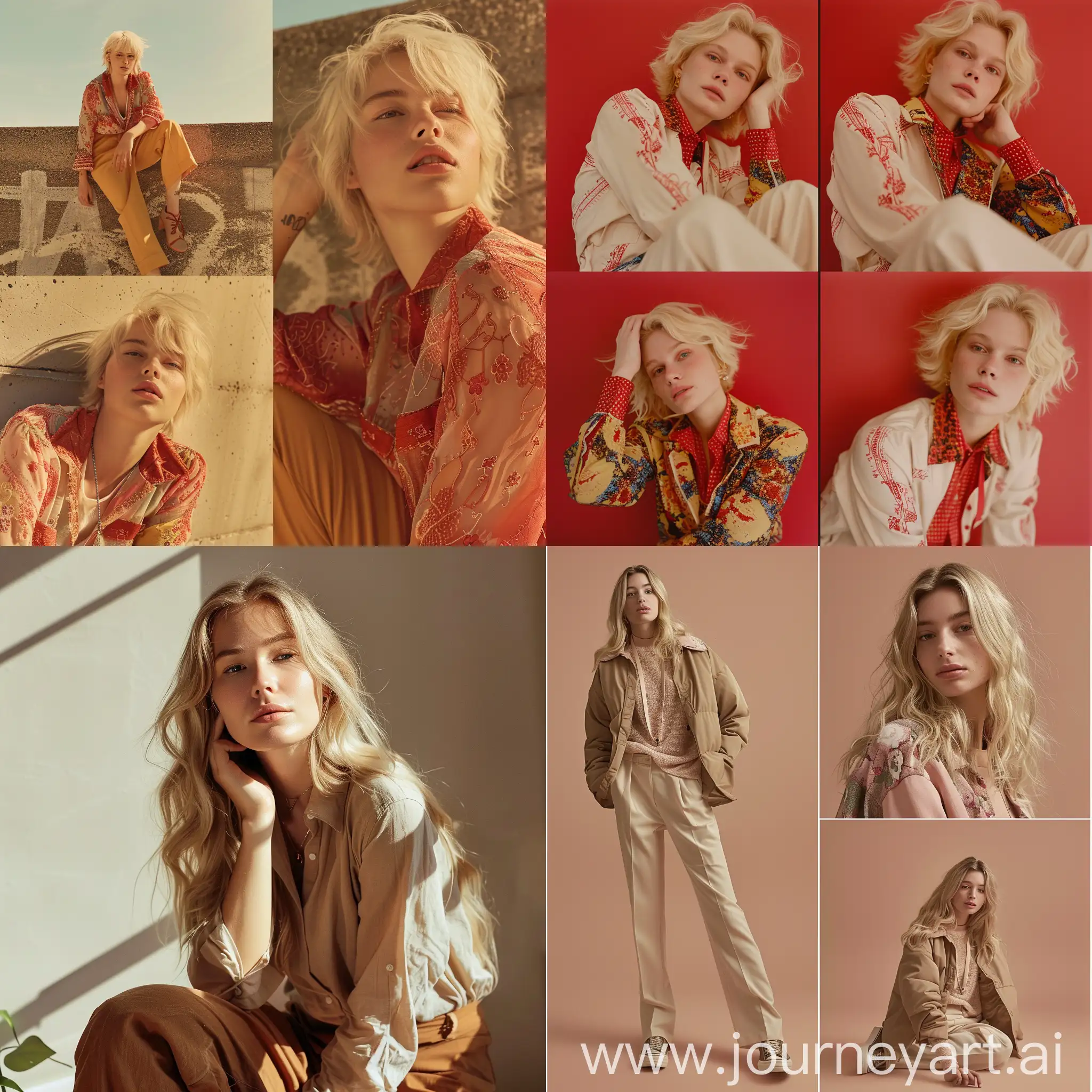 photo of young blond woman in new Zara collection clothes. set of 4 photos