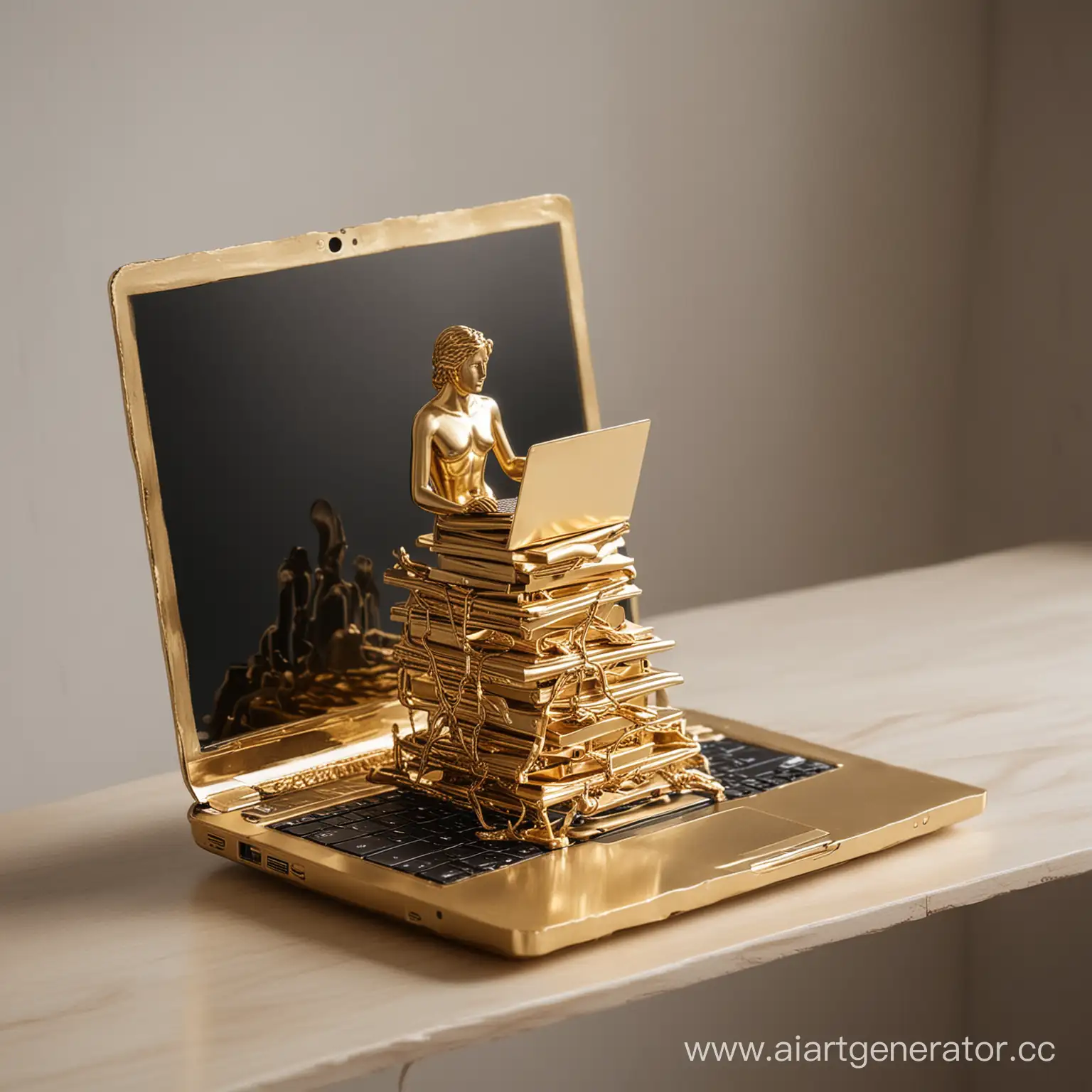 ноутбук сверху золотой металлический скульптура
