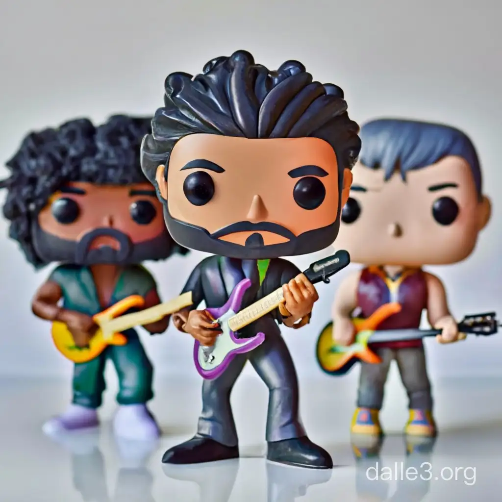 Funko Pop Figure, Rock Band, dark grey hair white male bassist, african american drummer, japanese guitarist and afro american bauld vocalists. White background.