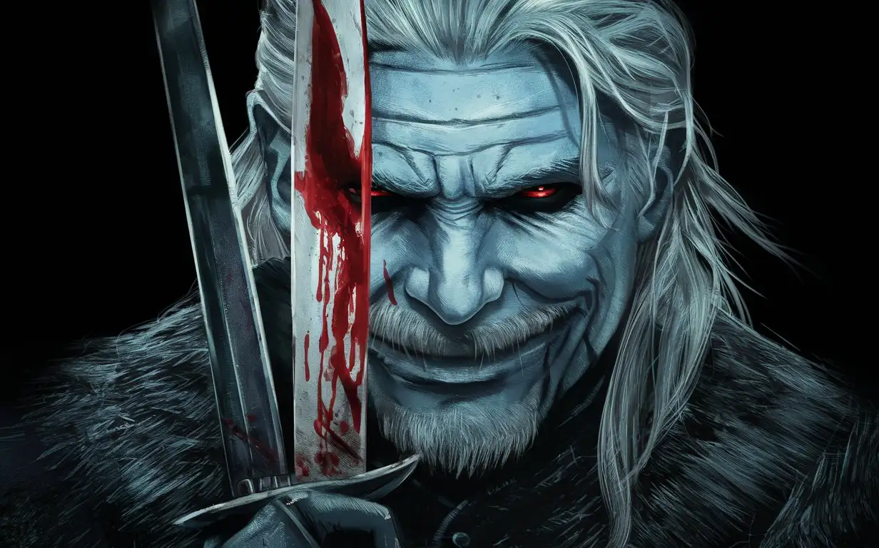 Geralt holds a knife in his hand, his hand covering his face, closing an eye, a devilish merry smile on his face, blood dripping, crimson red eyes, black pupil, a gloomy and eerie atmosphere.