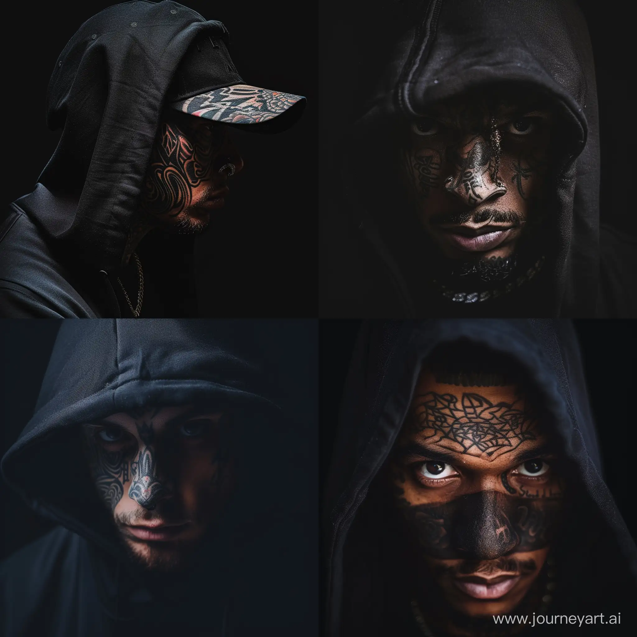 1 man rapper , hidden face , face tattoo , name music : unknown , cover music , music cover , dark background