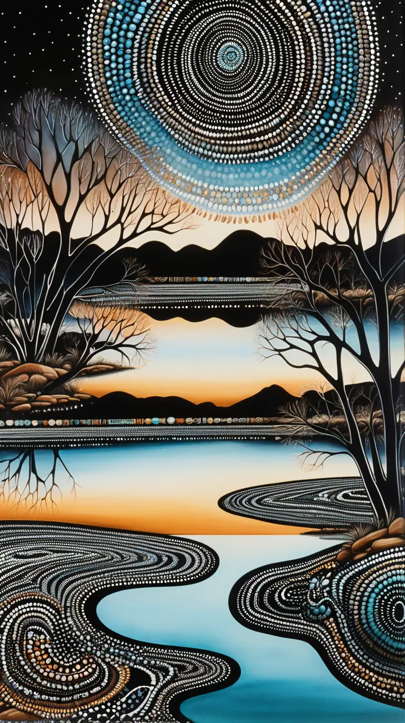 Aboriginal Dreamtime Dot Art Intricate Watercolor Landscape in Ainslie Roberts Style