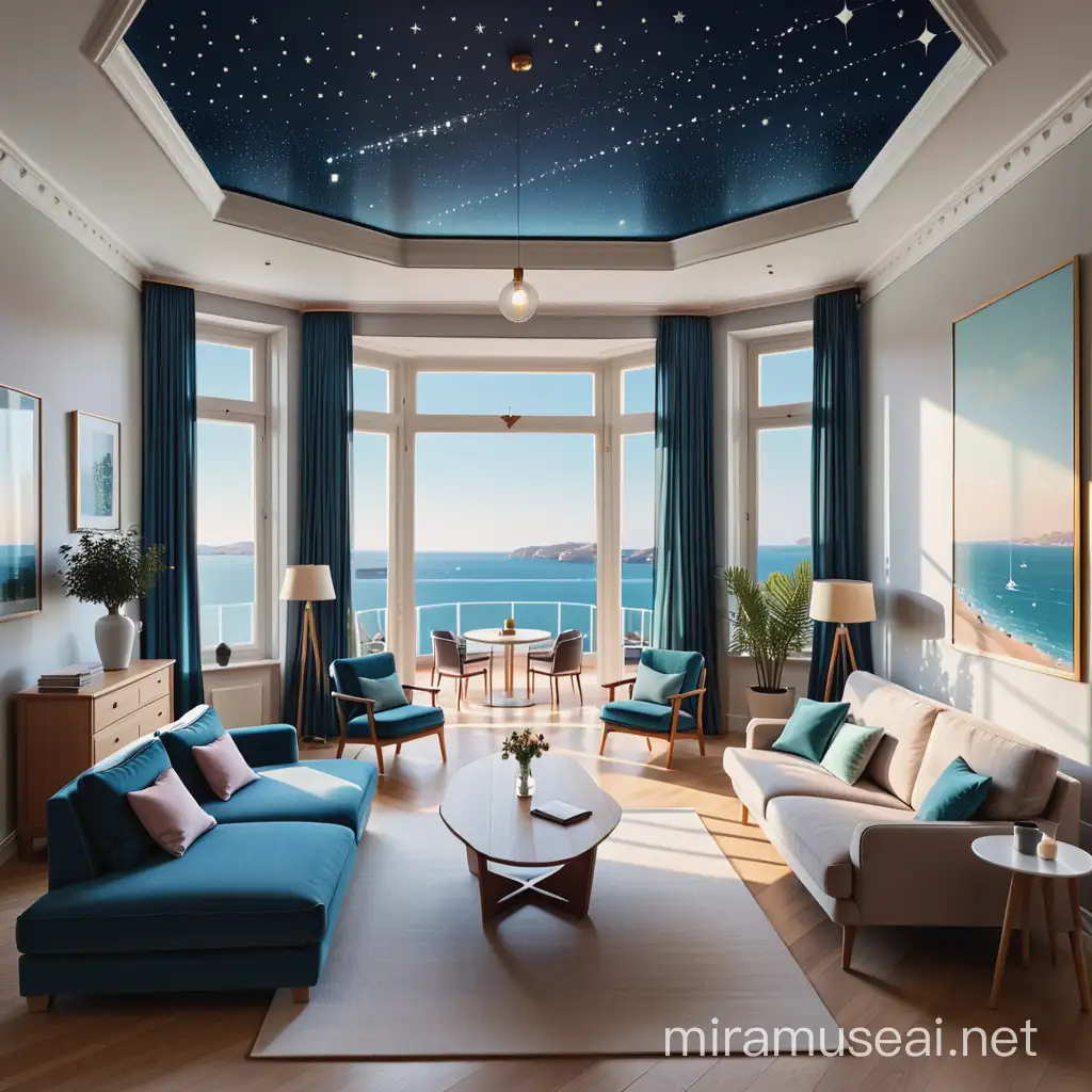 un salon en perspective avec sur la gauche un escalier, sur la droite une baie vitrée avec vue sur la mer, au plafond une lumière en forme de constellation et enfin ce salon est aménagé avec de superbes meubles 