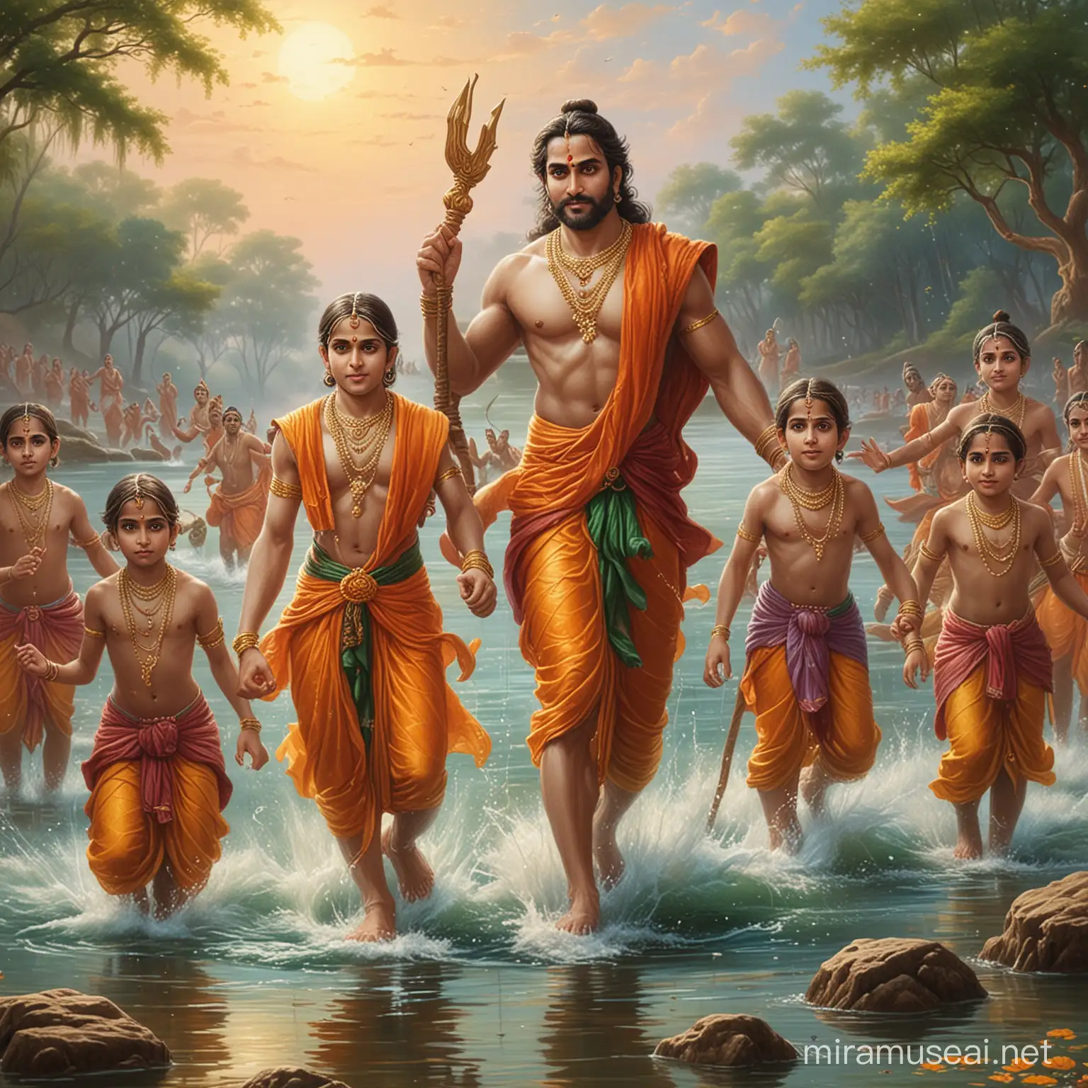 lord rama with kids running in the water