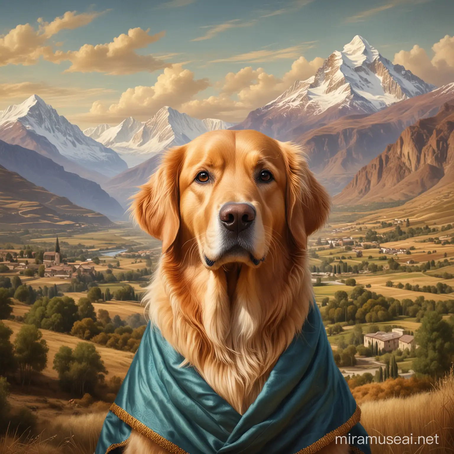 Golden Retriever Dog Portrait in La Gioconda Style with Andes Mountains Background