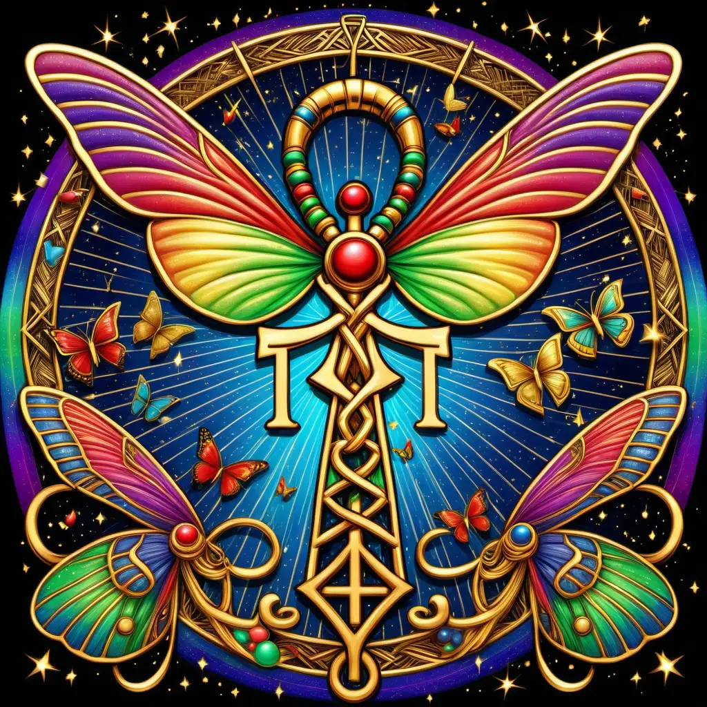 Create an image of a magical celestial world it has butterflies and rainbow and gold line art with the Ankh symbol in the middle and colors should be red, black and green with gold trim