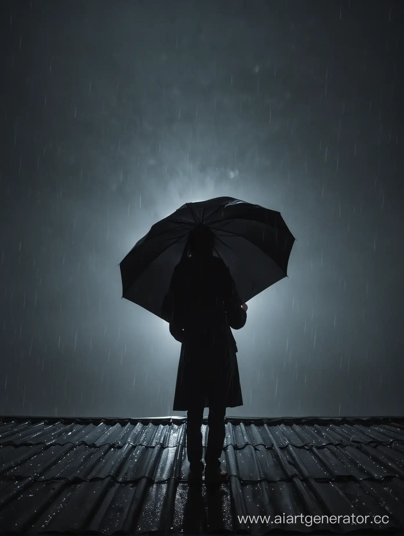 Человек стоит под чёрным зонтом на крыше. Дождь и ночь