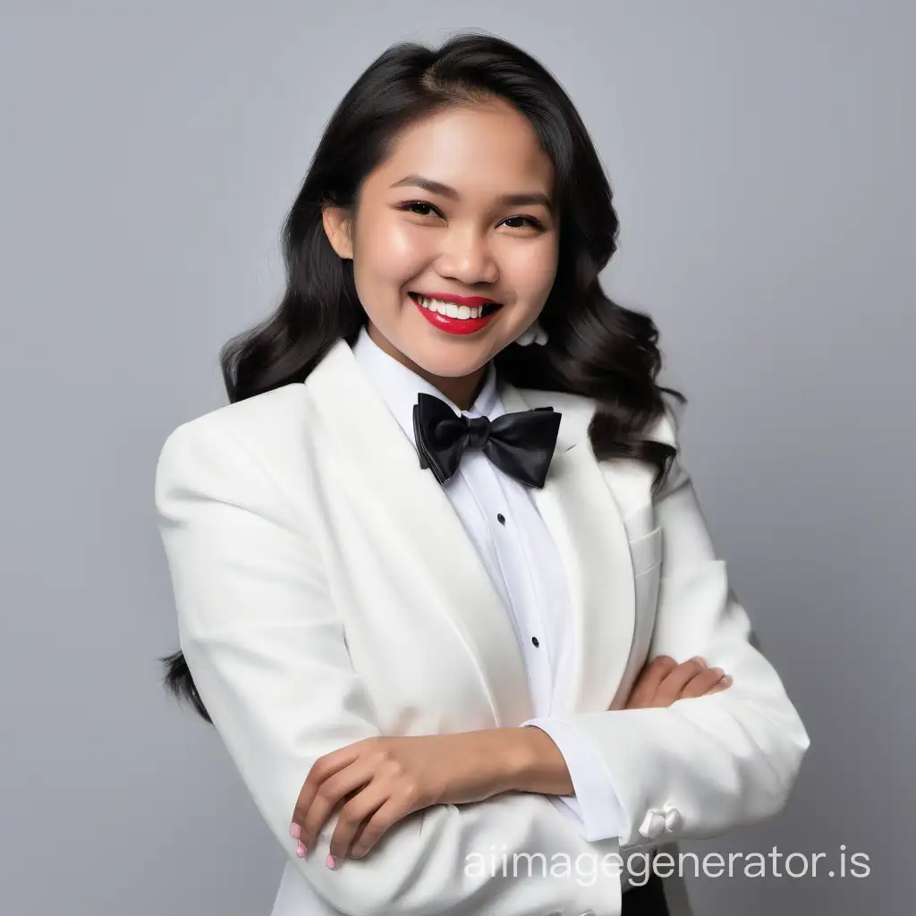 smiling and laughing Filipino woman with shoulder-length hair and lipstick crossing her arms, wearing a white tuxedo, wearing a white shirt, wearing a black bow tie
