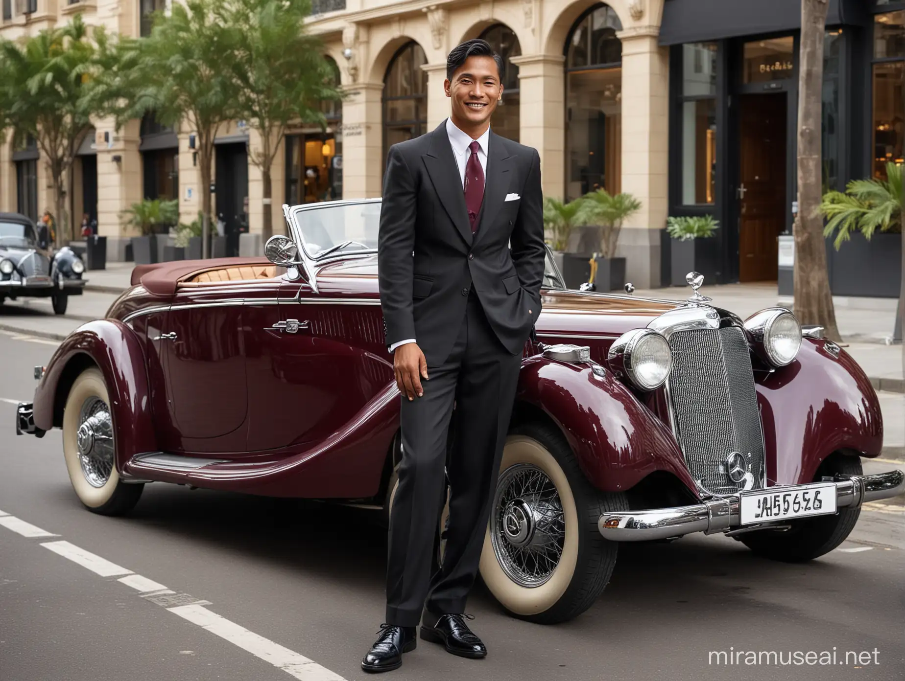 fotografi Indonesian man next to the door of a fashionable Mercedes-Benz 540K Special Roadster 1936 car, wide smiling face, oval face, black suit with tie, black, fantofel shoes, maroon chameleon car model adds a dominant cool mystery with a very fashionable metal texture, background of daytime city park street day, ultra high quality