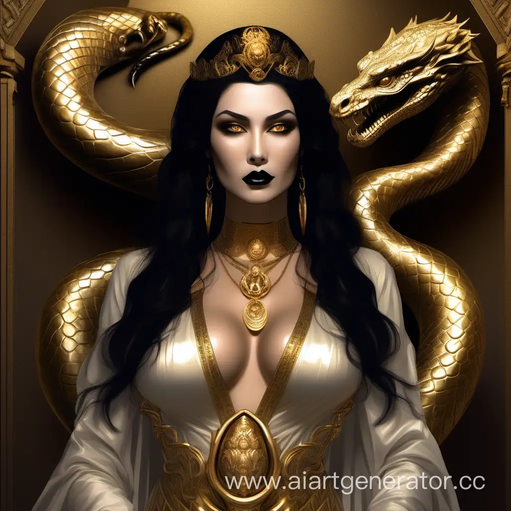 Elegant-Roman-Empress-Seductive-Beauty-in-Golden-Tunic-with-Black-Dragon-Jewelry
