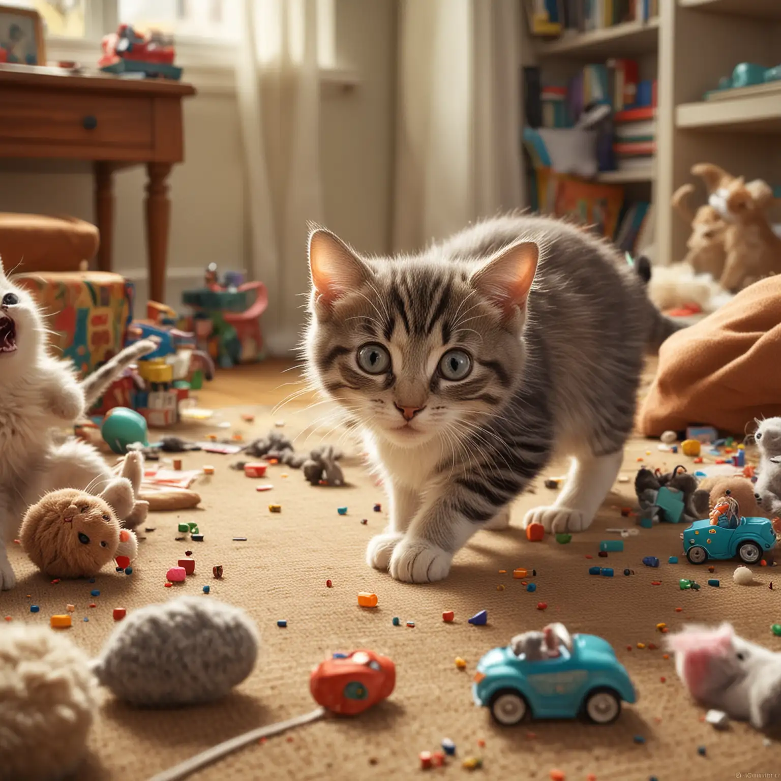 /imagine prompt: Amidst a cluttered living room strewn with toys, a playful kitten pounces fearlessly on a stuffed mouse, its eyes wide with excitement, while an older, more dignified cat looks on with a mix of amusement and exasperation, Illustration, digital painting, --ar 16:9 --v 5