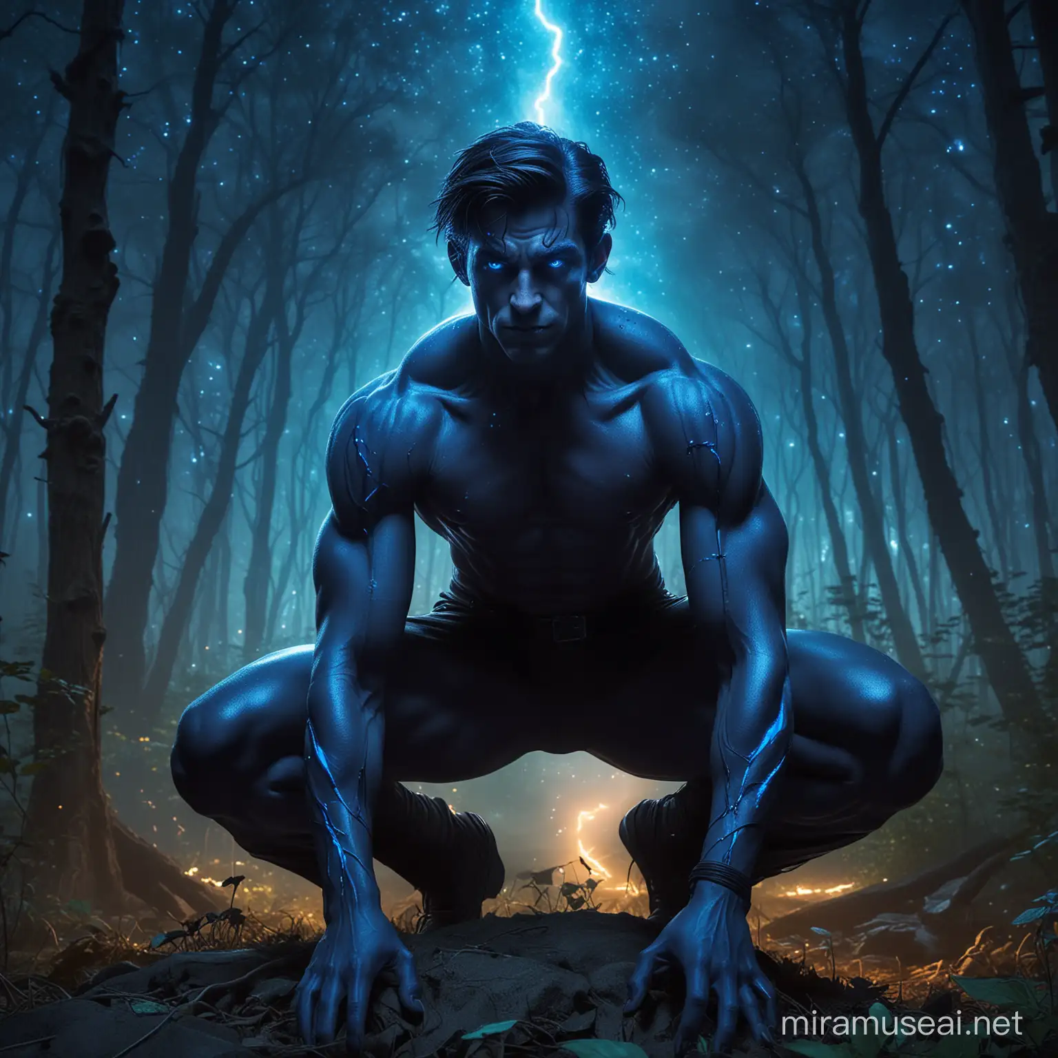 Sexy young teenage shirtless muscular Nightcrawler from the X-men, crouching in a forest by night. Blue neon colors ambient. The sky is full of stars.