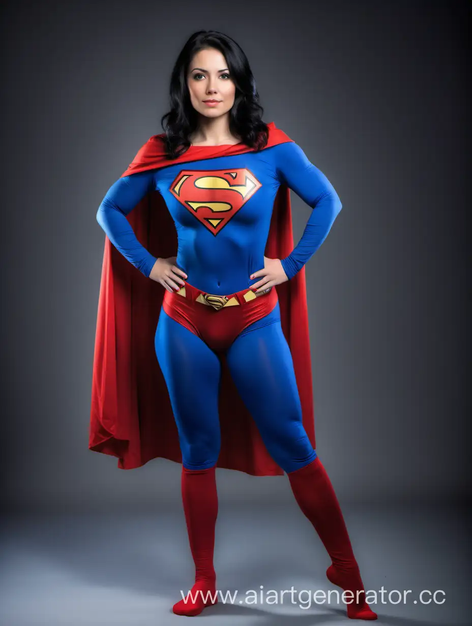 A pretty woman with black hair, age 26, she is confident and strong. She is wearing a Superman costume with (blue leggings), (long blue sleeves), red briefs, and a long flowing cape. She is posed like a superhero, strong and powerful. Bright photo studio.