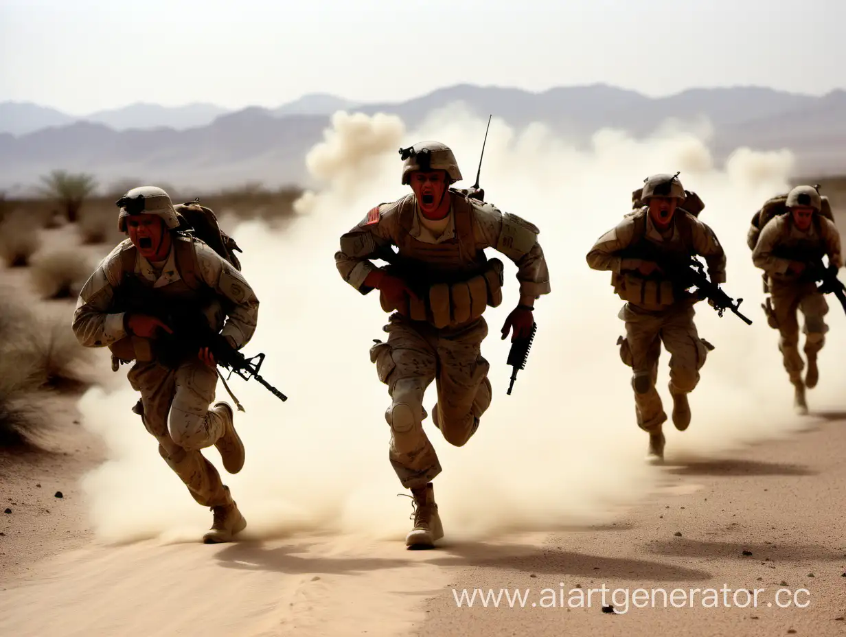 американские солдаты в ужасе бегут по пустыне, вид со спины, бросая оружие