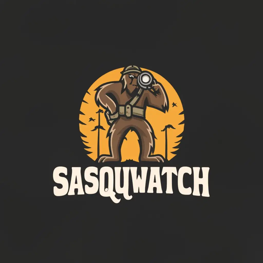 a logo design,with the text "Sasqwatch", main symbol:A pleasantly surprised sasquatch looking through some binoculars while wearing safari clothes,Moderate,be used in Travel industry,clear background