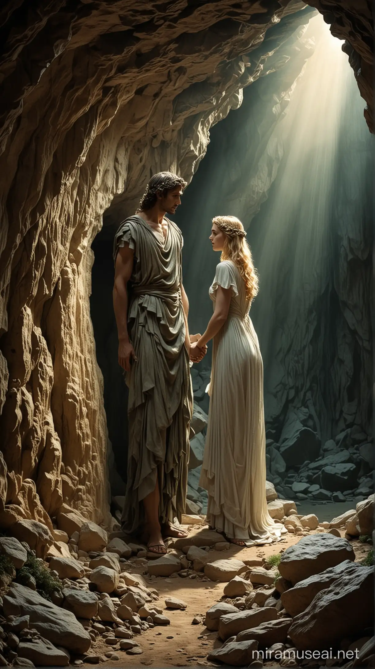 Orpheus and Eurydice are in a dimly lit cave. Orpheus climbed to the top of the cave and was a few steps away from leaving the cave. Eurydice is a few steps behind Orpheus. Eurydice looks on before Orpheus leaves the cave. Because of the curse, Eurydice slowly begins to turn into a statue.