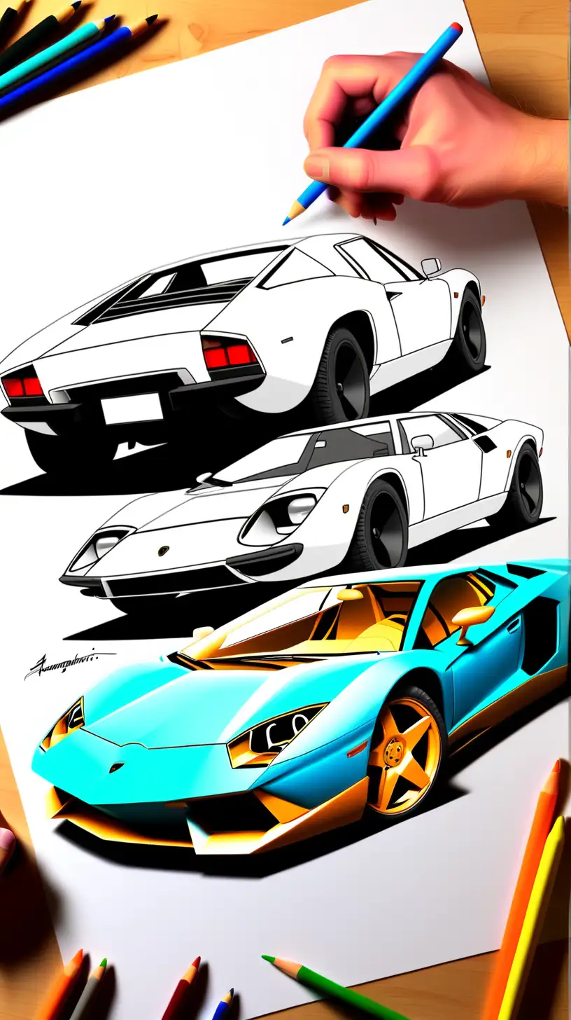 Make a drawing with a Lamborghini Miura next to a Lamborghini Aventador
