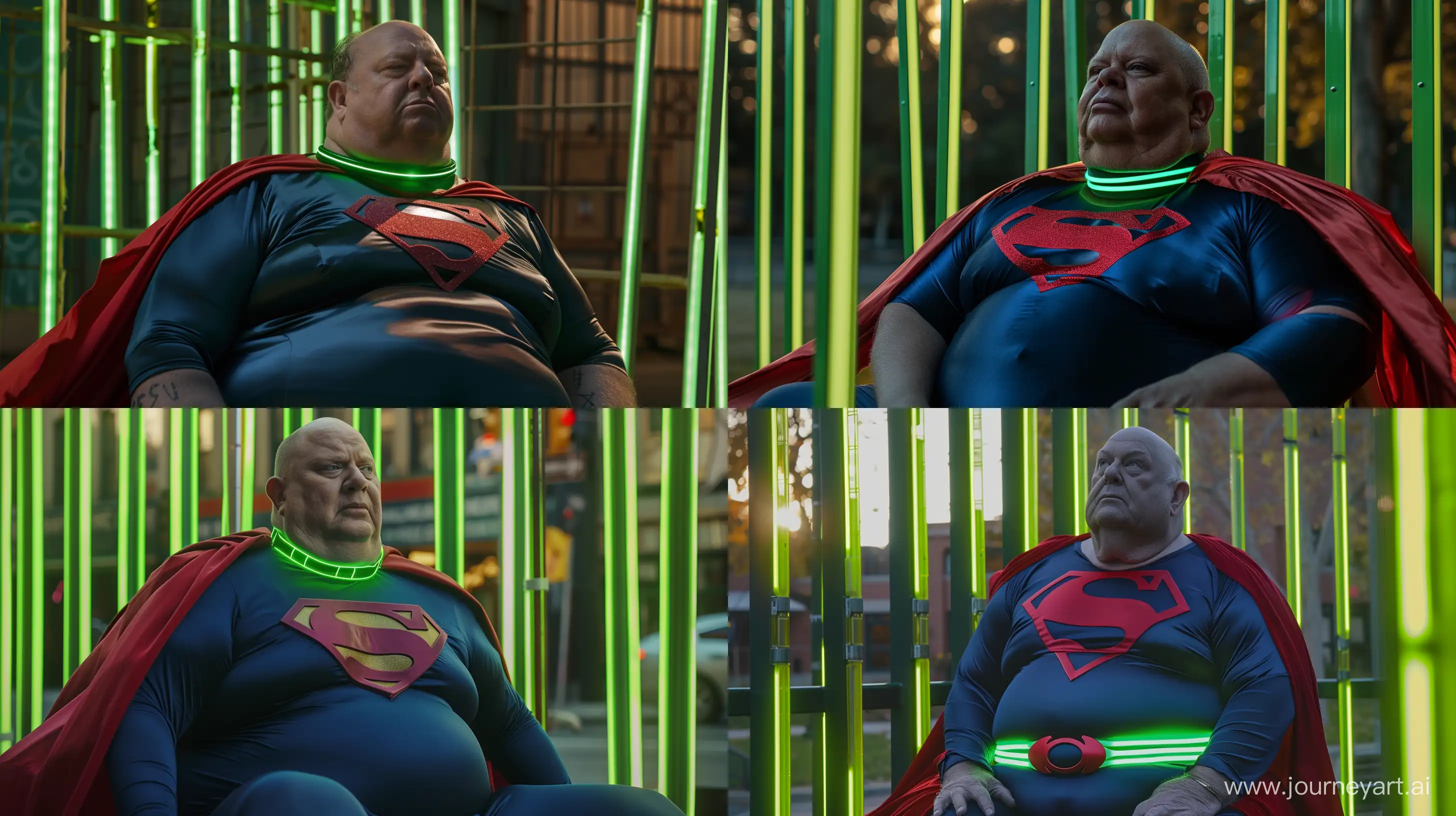 Extreme close-up shot photo of a fat man aged 60 wearing a silk navy superman tight costume with a large red cape and a tight green glowing neon dog collar. Sitting against green glowing green neon bars. Outside. Daylight. --style raw --ar 16:9