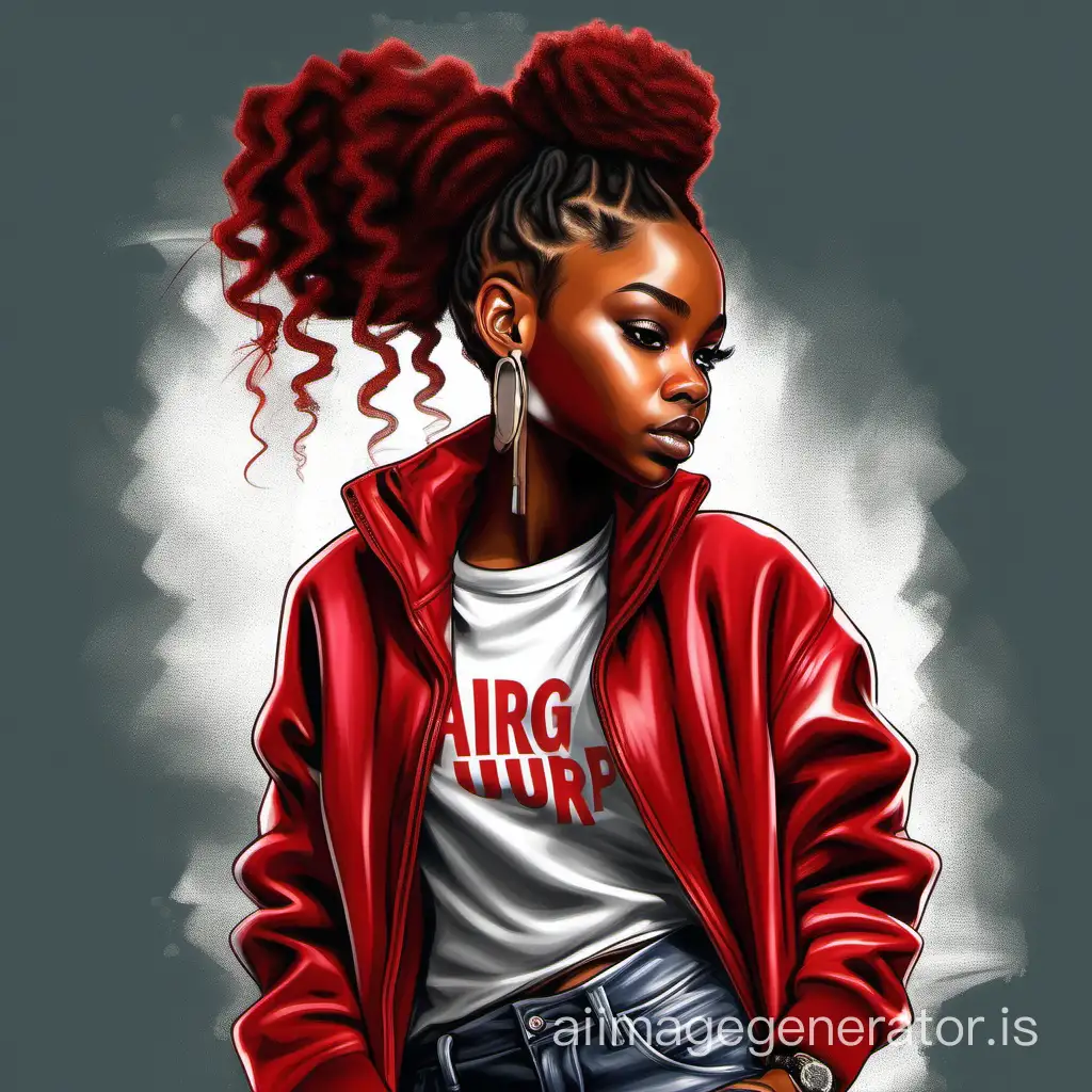 create a digital airbrush illustration of a teenager black girl with a voluminous messy bun on top of her head and big curls cascading down her back.She exudes a strong hip hop vibe wearing a sleek red tract suit that fits snugly  show casing her youthful style