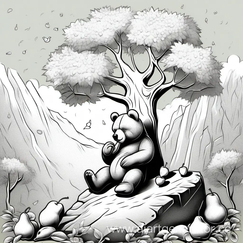 Adorable-Bear-Harvests-Fresh-Pears-in-Whimsical-Forest-Scene