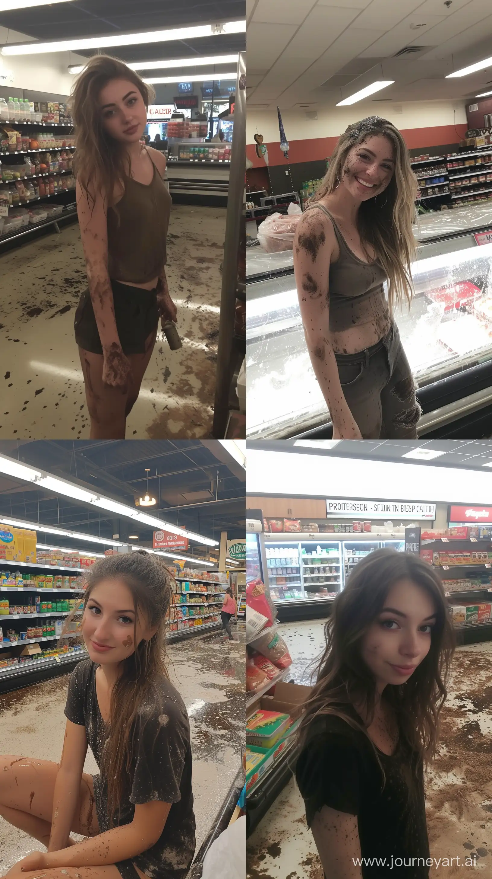 photo of dirty attractive woman inside filthy grocery store, posted on snapchat --ar 9:16 --v 6