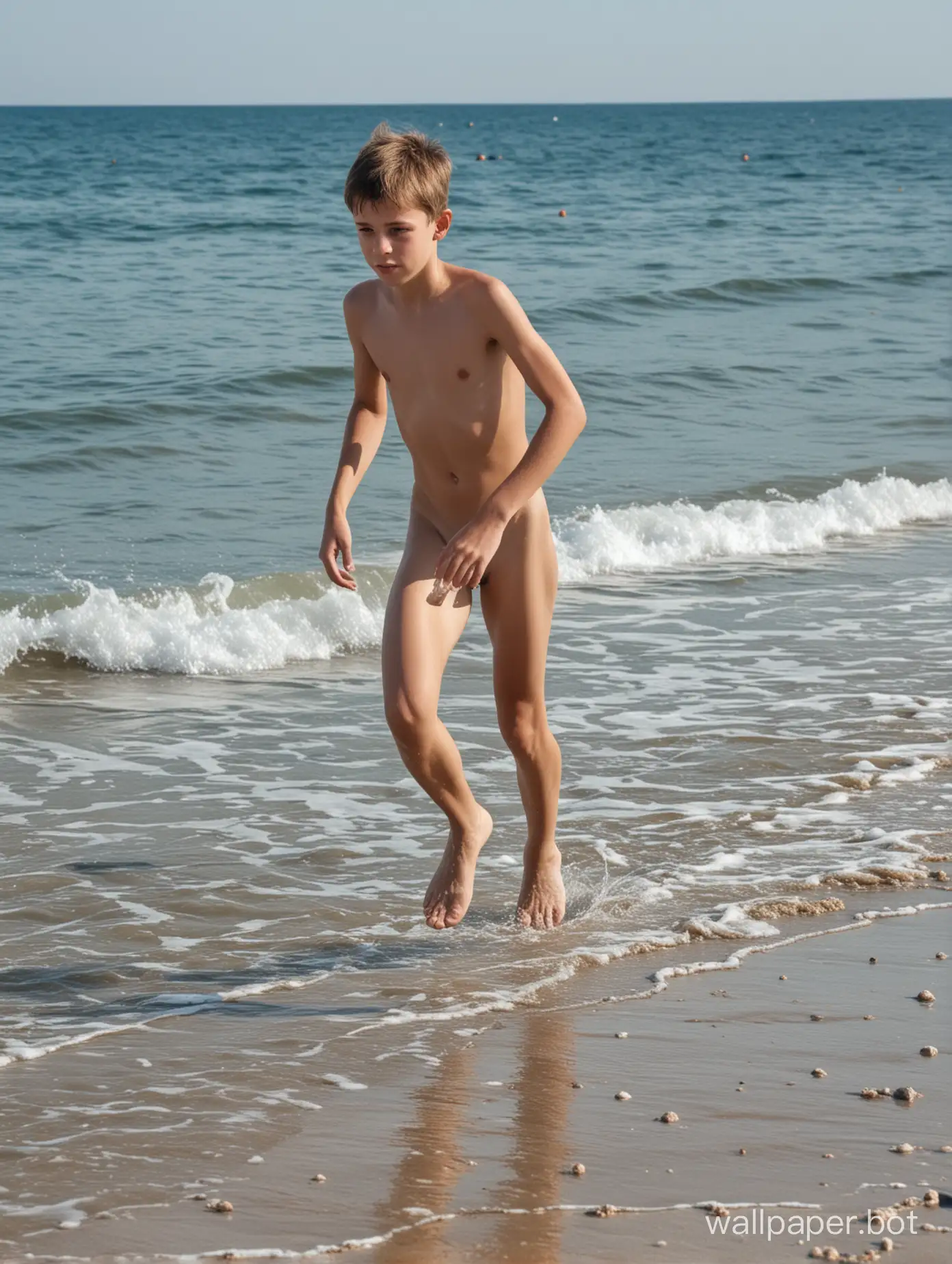 голый мальчик 13 лет бежит вдоль берега моря, Крым, в полный рост, много людей рядом