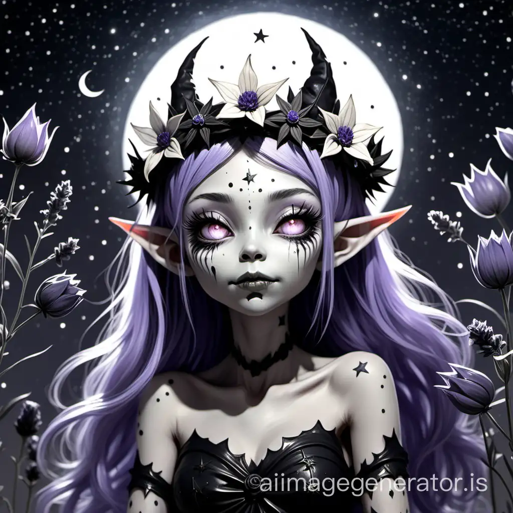 A lavender skinned goblin girl is making a black and white flower crown. As the stars and moon are nestling the night sky.
