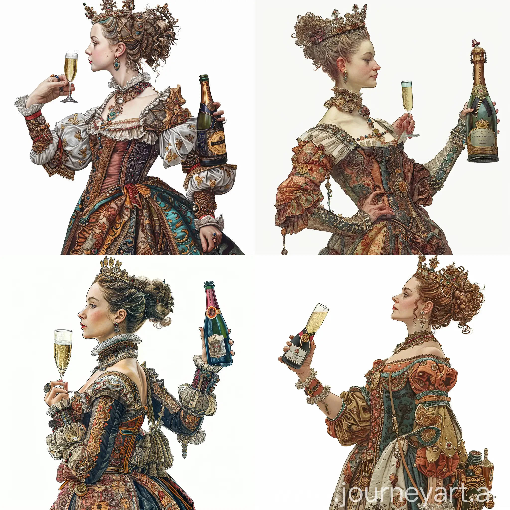 The queen of ancient France in profile, waist-high portrait, with a crown on her head, looking straight, in antique ornate, exquisite clothes, holding a glass glass with champagne at chin level, the other arm bent at the elbow and holding a bottle, complex colors, illustration, on a white background, Arthur Wrexham style