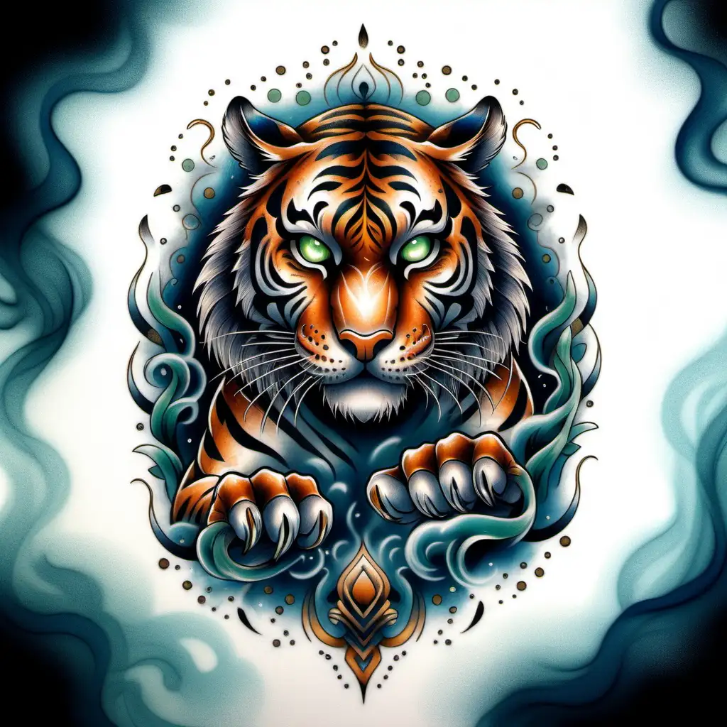 Majestic Tiger Tattoo with Mystical Smoke in Deep Green and Blue Hues