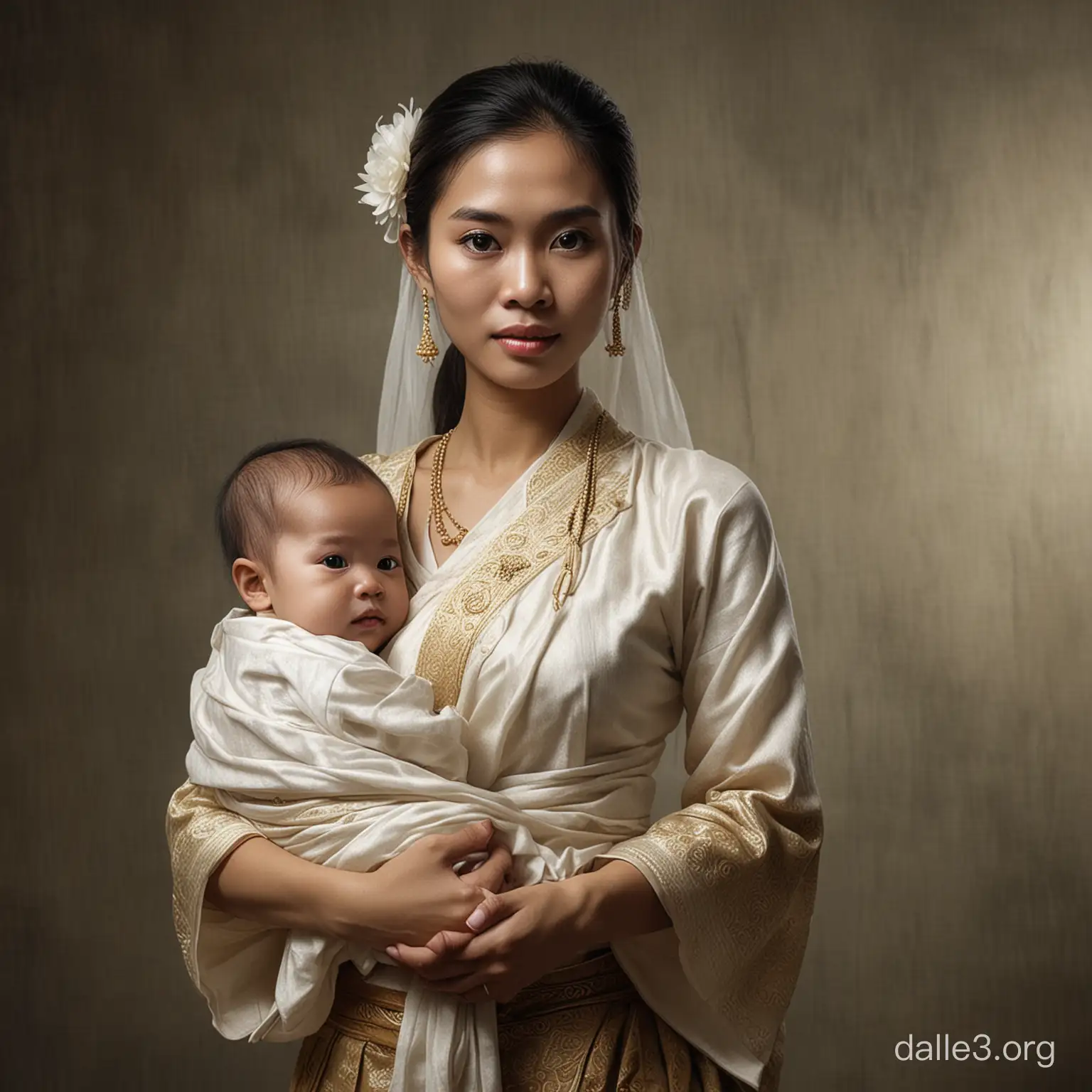 Create a realistic picture of a Thai female ghost named Mae Nang Pim dressed in traditional Thai clothes, holding a baby in her arms