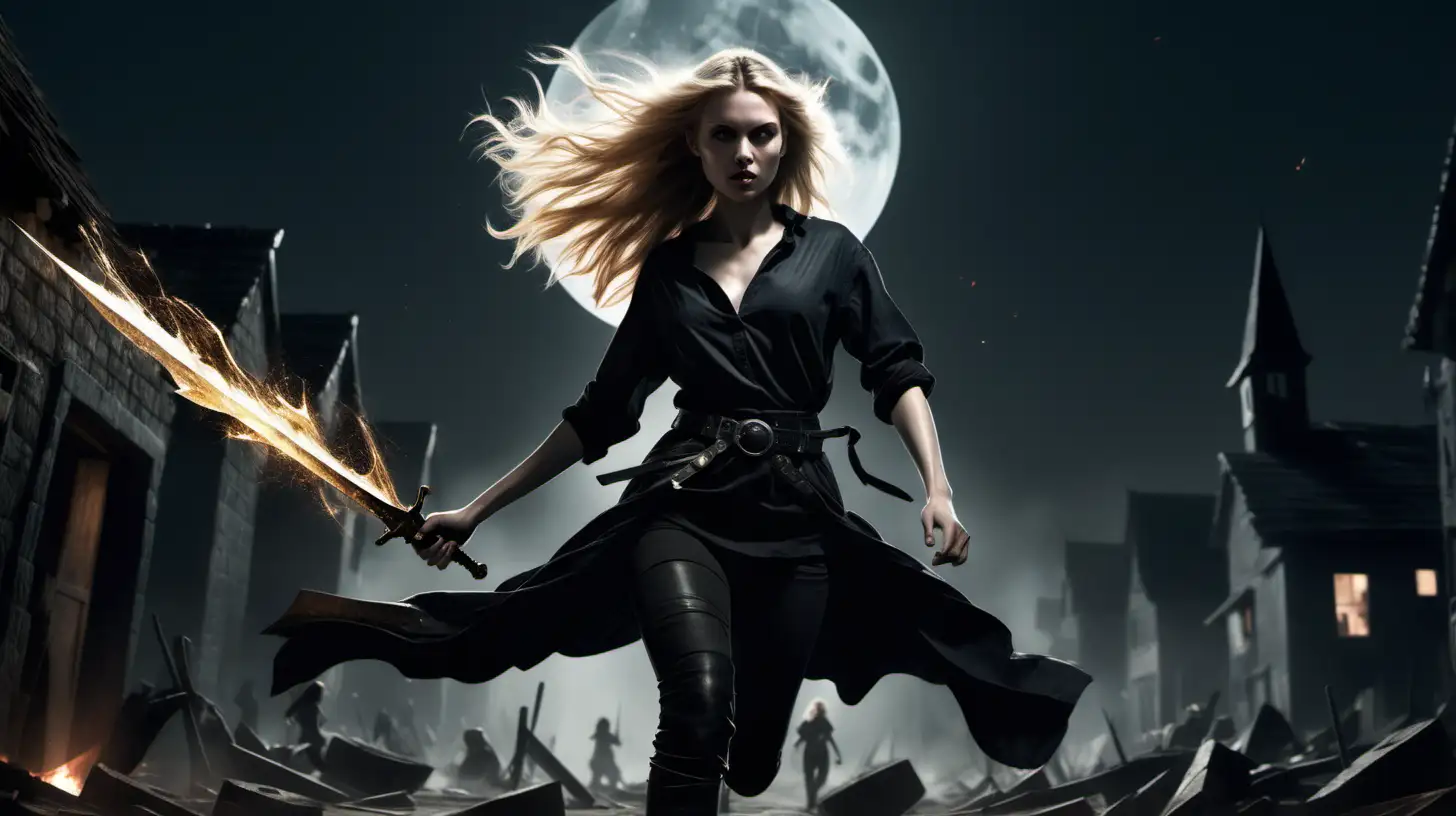 on the side of the image a woman with flowing blonde hair in a short grey tunic and black pants. she is holding a shining dagger in front of her body. she runs through a village in the moonlight and is surrounded by shadows. she is wearing black slacks. she has a weapons belt strapped to her waist and knee high black boots.  there are sparks and fiery debris floating through the air around her. there are shadows of people running behind her. the edges fade to black. 