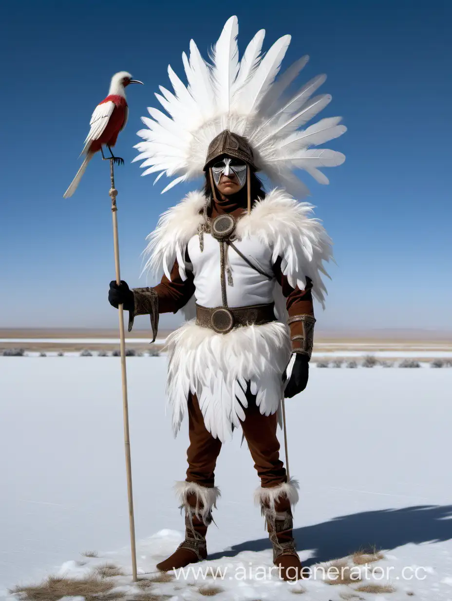 Человек в костюме из белых перьев с головой птицы с копьём, на фоне заснеженной степи.