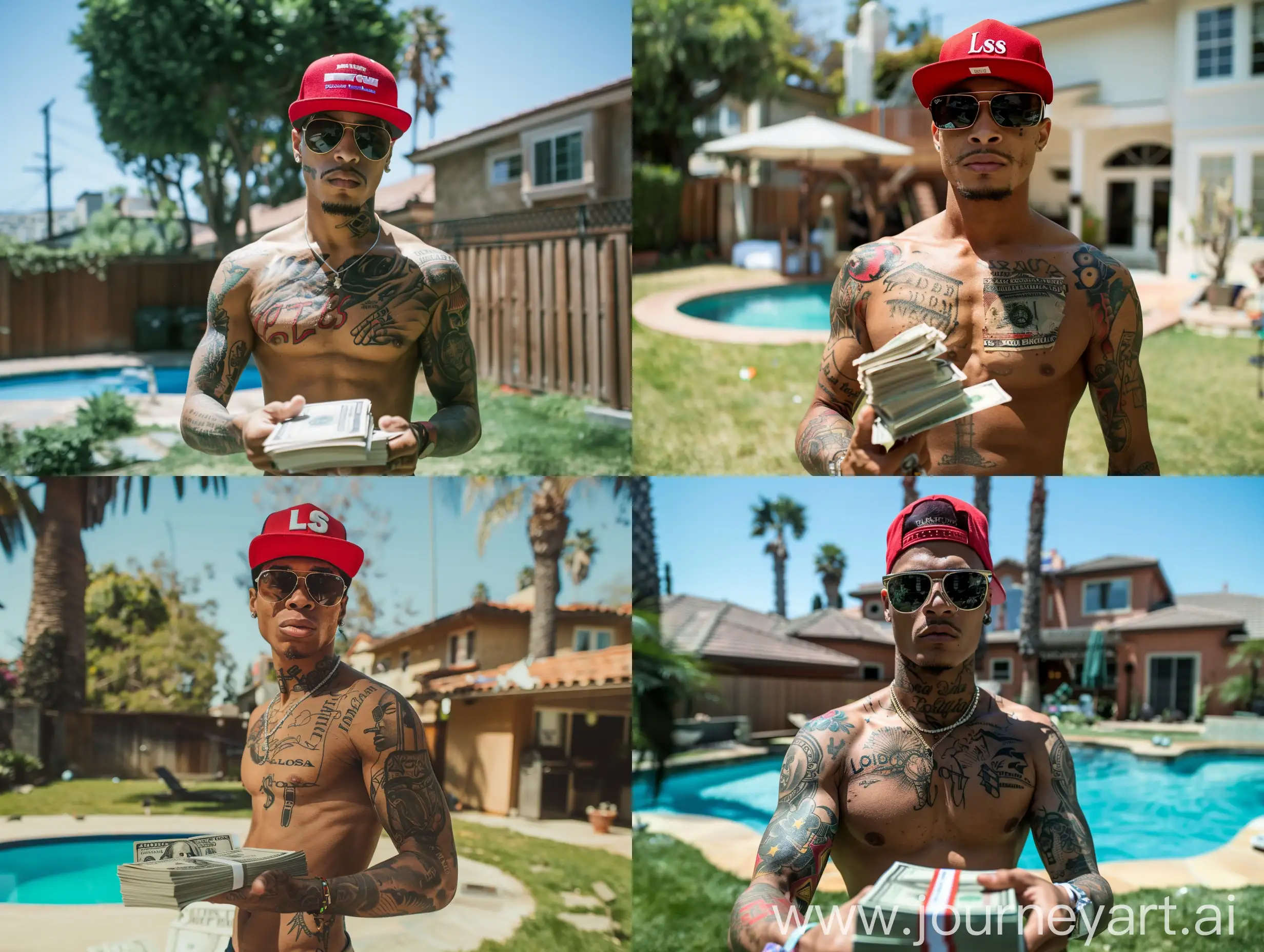 Very Handsome Brown skin male, with flat top sunglasses, Red Los Angeles hat forward, gang tattoos. standing in the backyard, of a California mansion, holding a stack of money
