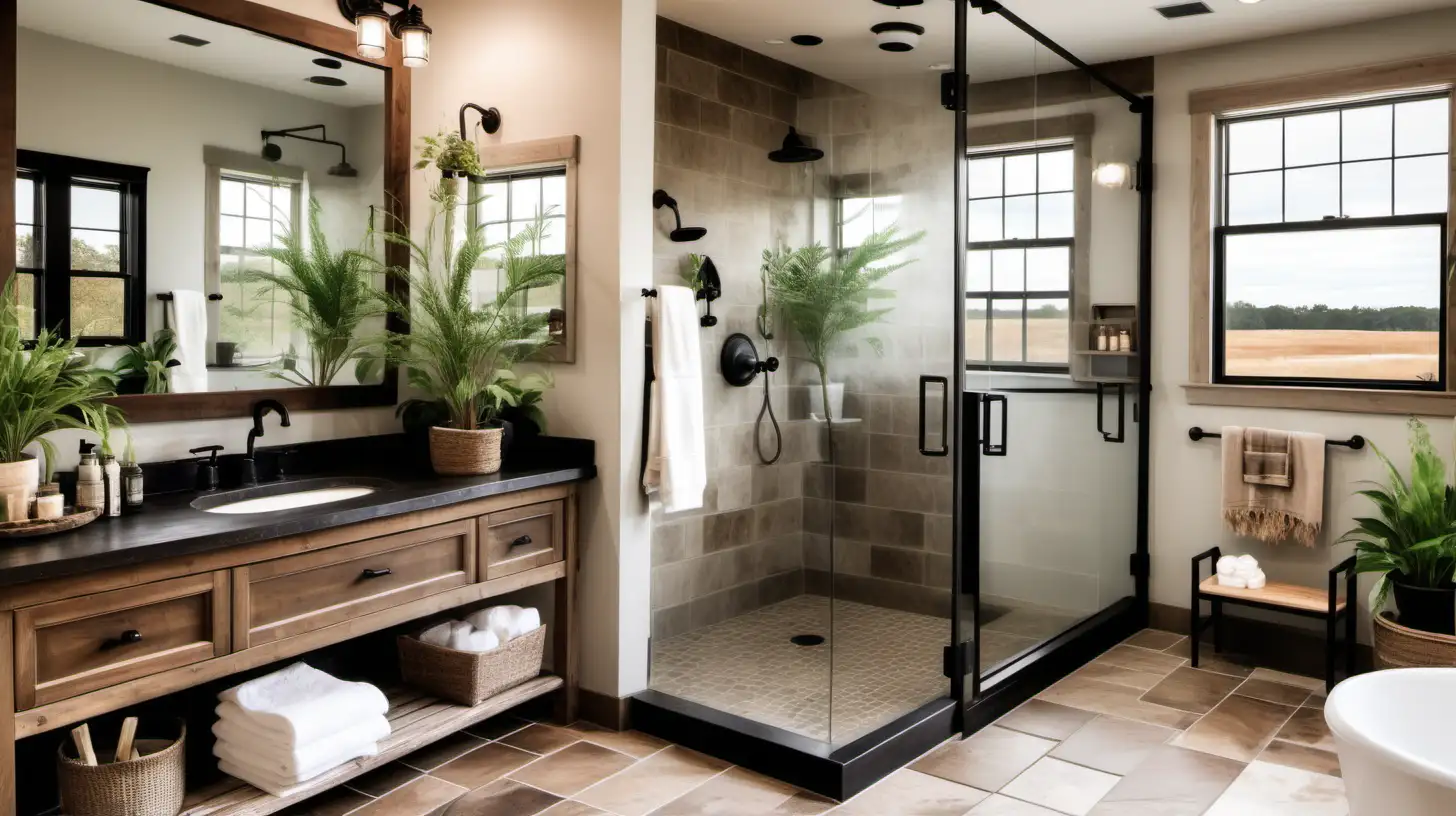 spacious bathroom, bright setting, rustic farmhouse style, focus on large walk-in shower, small plants on vanity, mirror on wall, brown tile floor, black fixtures, shower niche, large windows, natural light