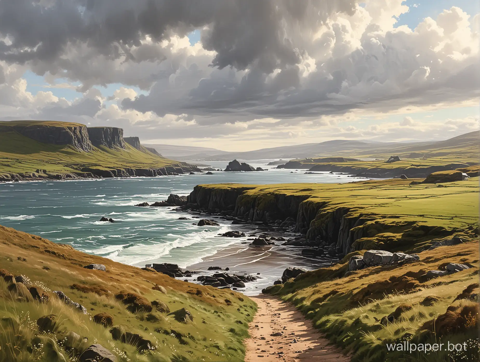 Draw a clean high quality Irish landscape in an artistic way with a thick paint brush