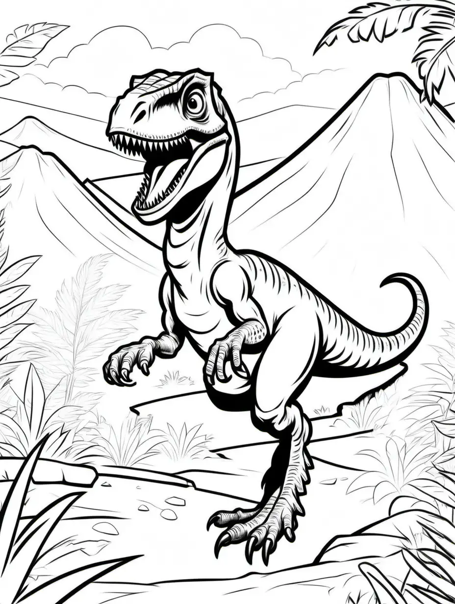 please draw me a sweet cartoon-style running Velociraptors - designed for a children's coloring book, age 3-5.  Dimension of the page: 21 x 29,7 cm, upright. Only write background. Text below: T-Rex. Printing standard