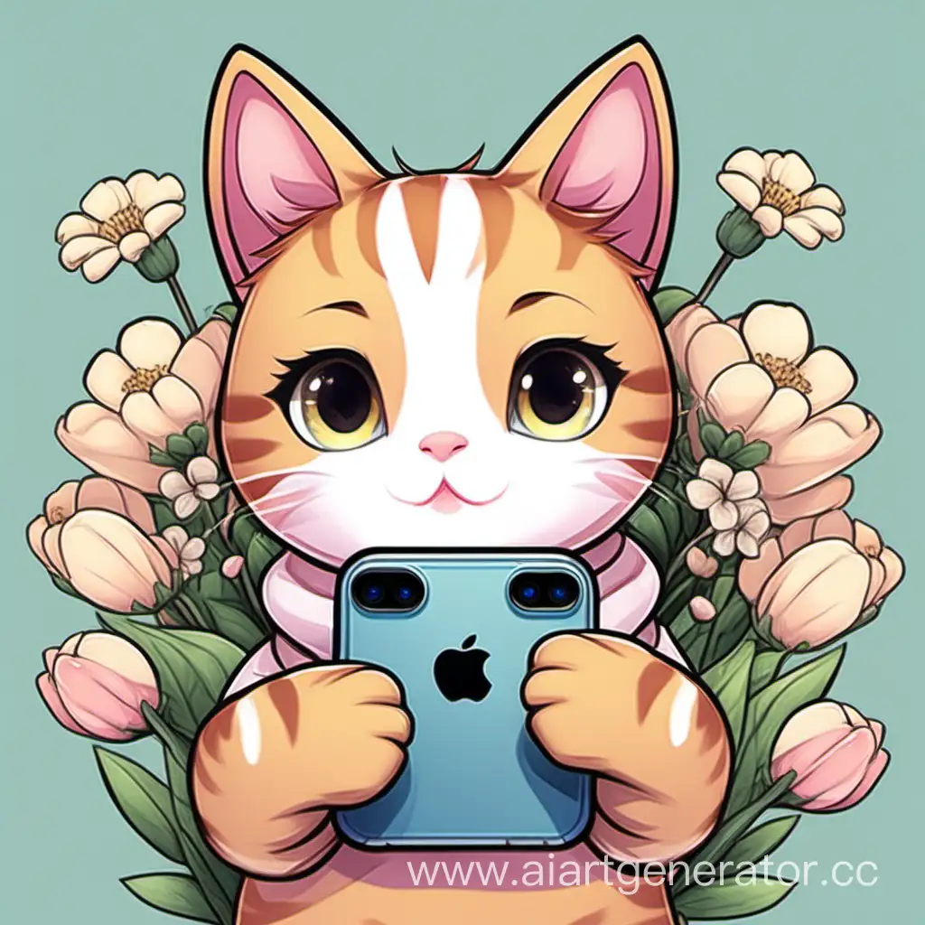 нарисуй котика, который держит цветы и iPhone 15 pro в руках
