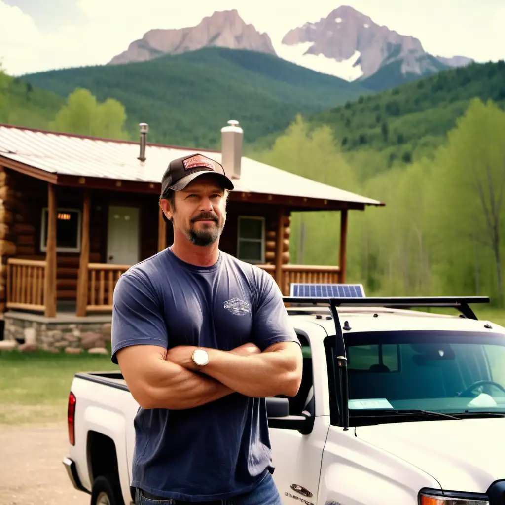 A white American conservative man, in a trucker cap stands outside a cabin in a beautiful rural area. Mountain in the background. His family are on the porch behind him, slightly out of focus. A 4x4 truck is parked by the side of the cabin. A shotgun in a rack in the back window of the car. He looks calm, relaxed, happy. On the roof of the cabin are SOLAR PANELS. 