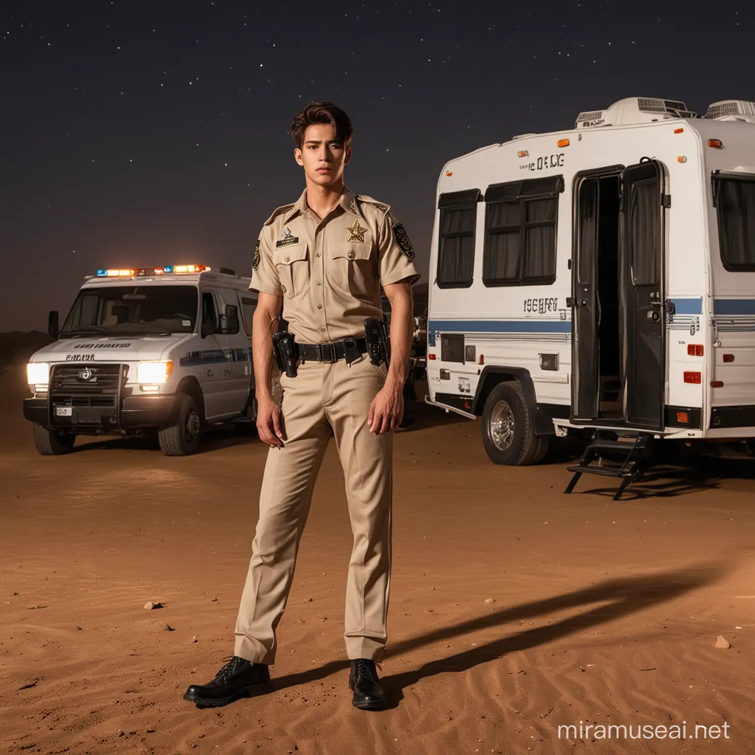 Tall muscular Kpop boy wearing sheriff uniform stand next Arab dress girl in Desert at night next to police motor home 