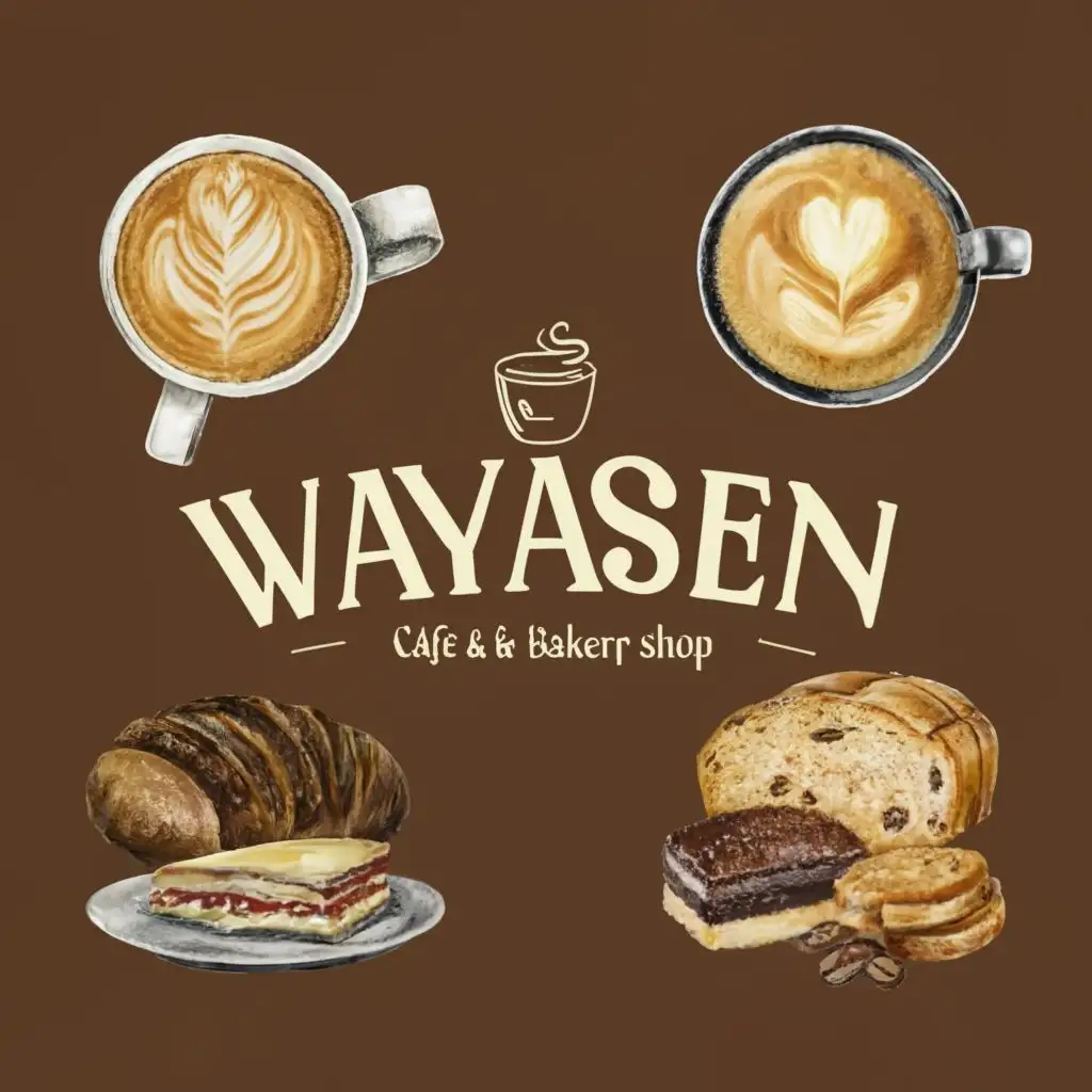 logo, Coffee, bread and cakes, with the text "Wayasen Cafe & Bakery Shop", typography