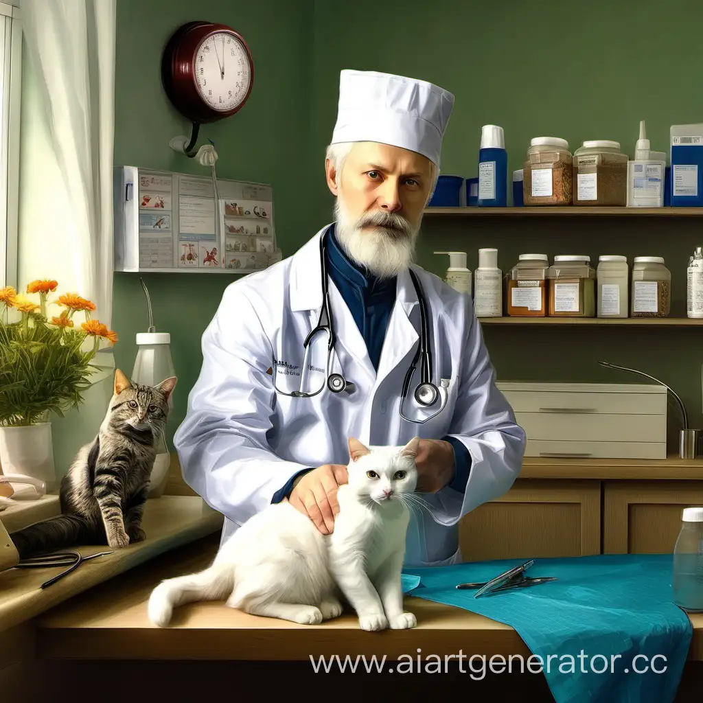 чайковский ветеринар, с кошкой, в белой шапочке, в медицинском кабинете