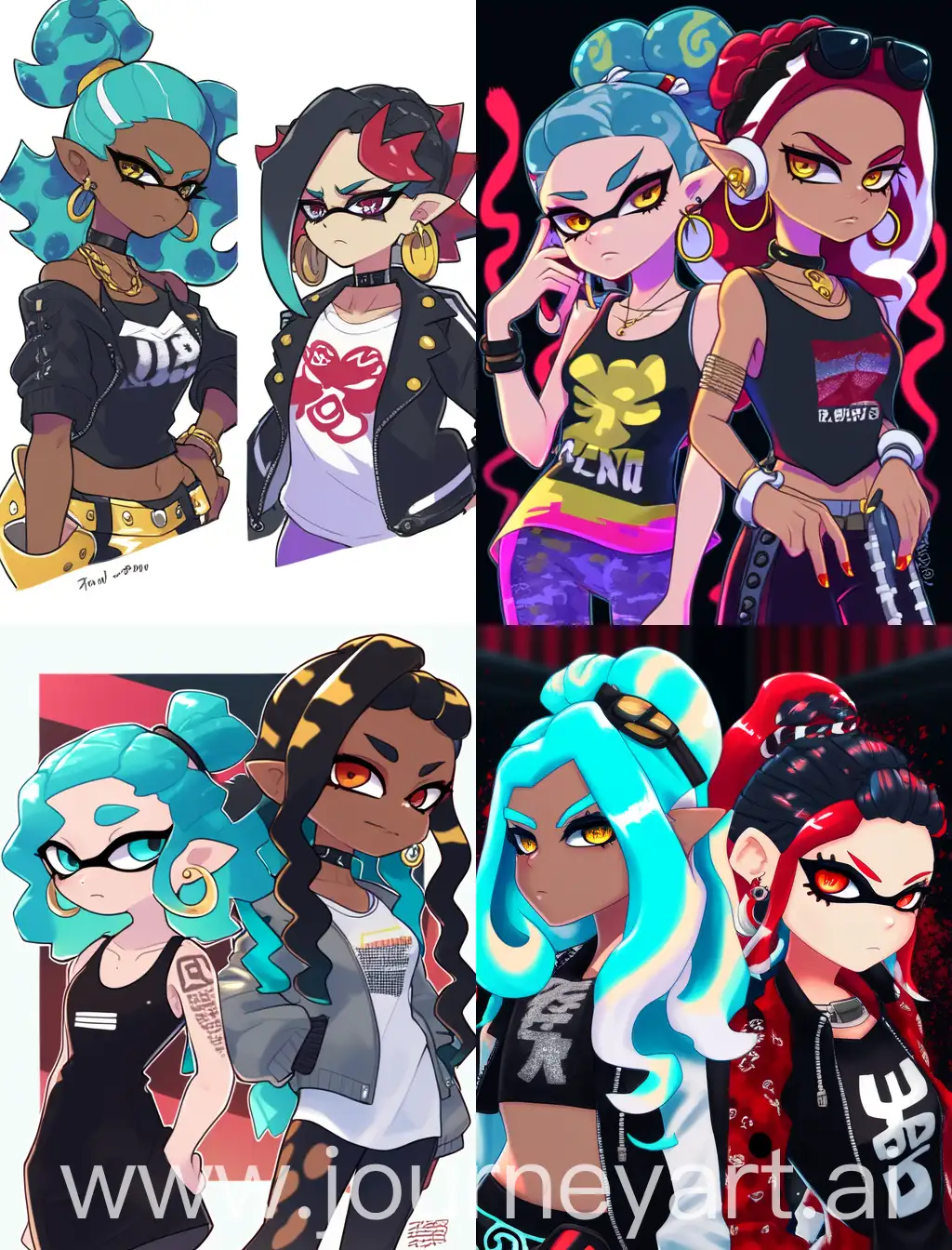 Splatoon art style, Seita Inoue style, Art of Splatoon, Art of Splatoon 2, Art of Splatoon 3, concept art, metal rock idol duo; cyan white long curly hair, light skin, ethereal blue eyes with white lashes, rorita fashion, octoling girl on left; red black short curly hair, dark skin, sultry gold eyes, punk fashion, inkling girl on right; performing on stage, villain vibes, Squid Sisters inspired, Babymetal inspired, NANA inspired, red and cyan lightning, white and black clothing contrast between two characters, detailed eyelashes, Splatoon official artstyle, ombre fingertips