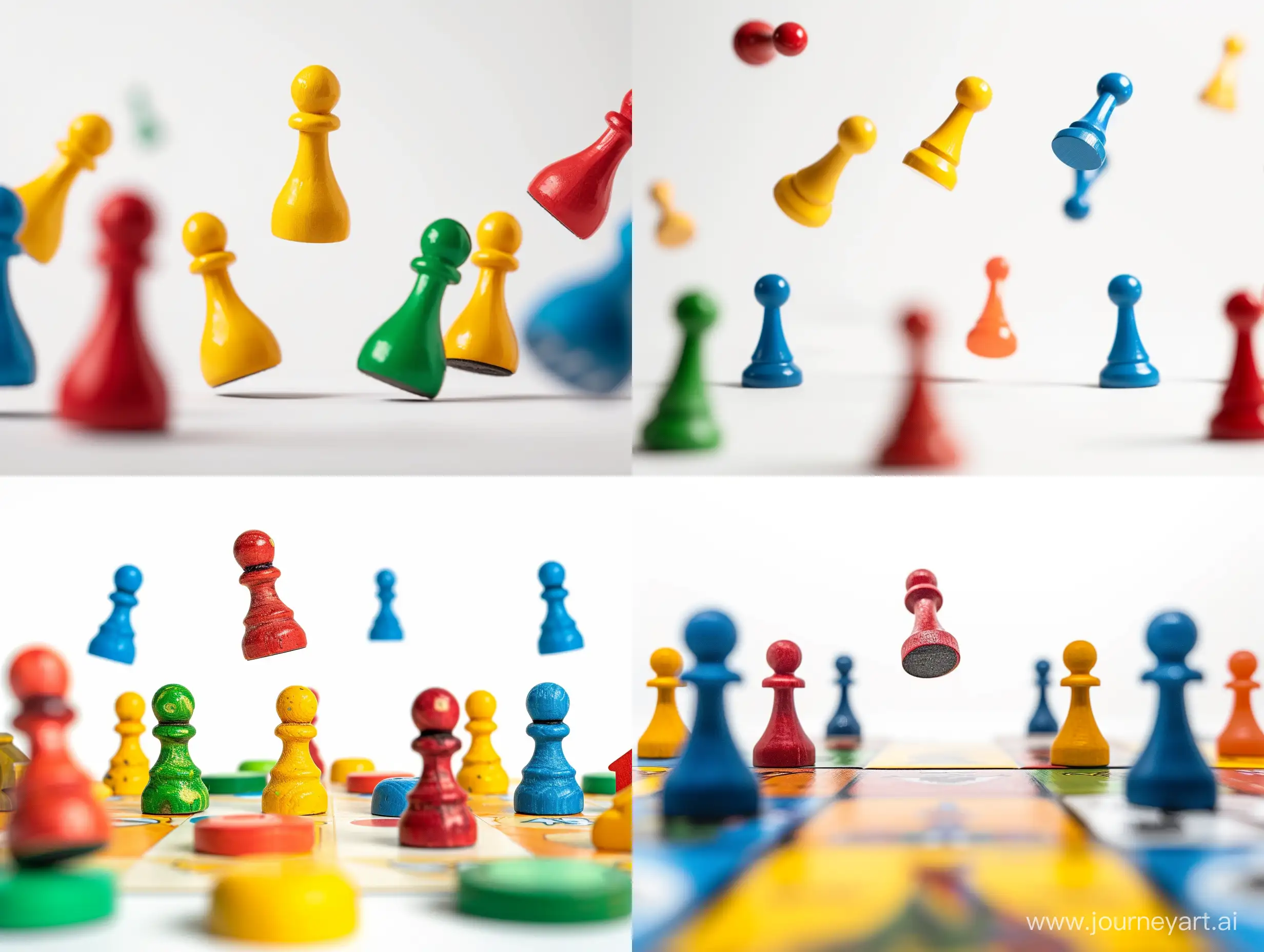 board game pawns floating in the air white background