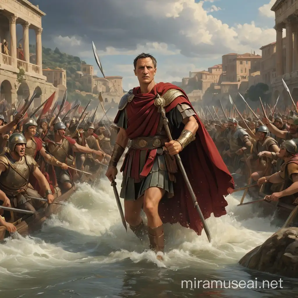 Julius Caesar Crossing the Rubicon River with Determination and Historic Significance