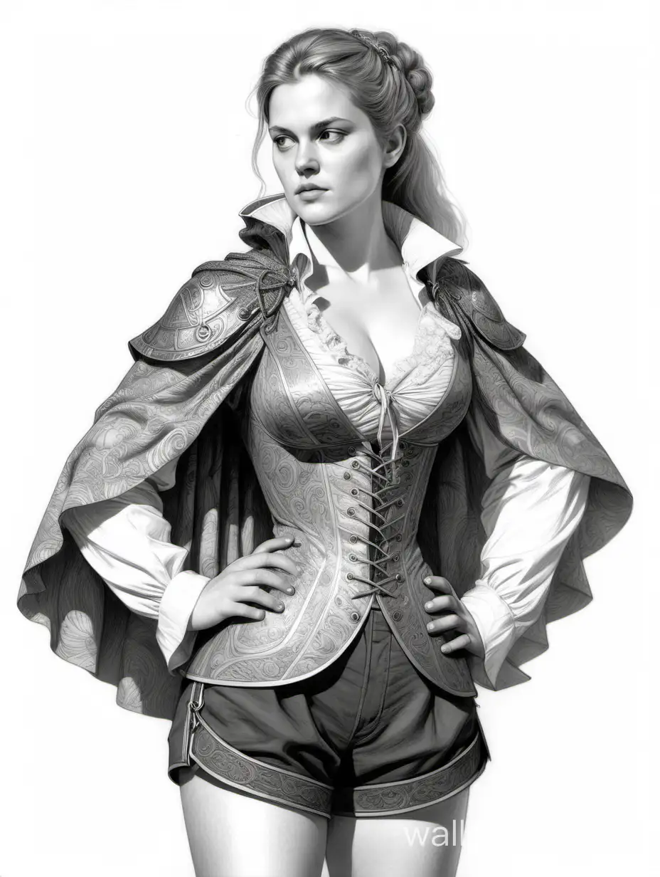 Young Kate Apton, a Russian female bard, with light hair styled intricately, a large bust of size 4, narrow waist, wide hips, a fabric shirt with a deep neckline laced and adorned with dragon motifs, shorts with metallic overlays and lacing, a short cloak on the right shoulder, black and white sketch, camera angled slightly to the side, white background