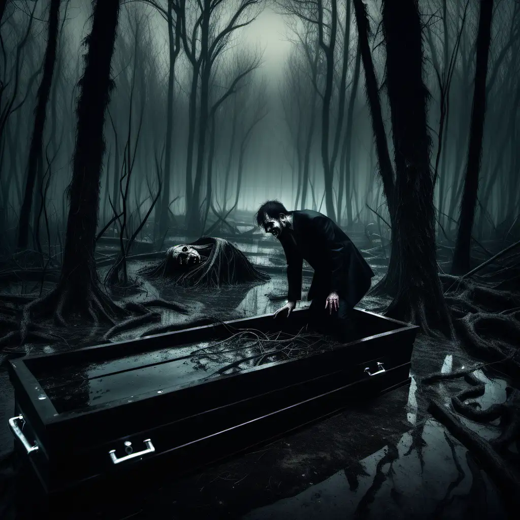 Eerie Swamp Scene with Mourning Man Beside Coffin