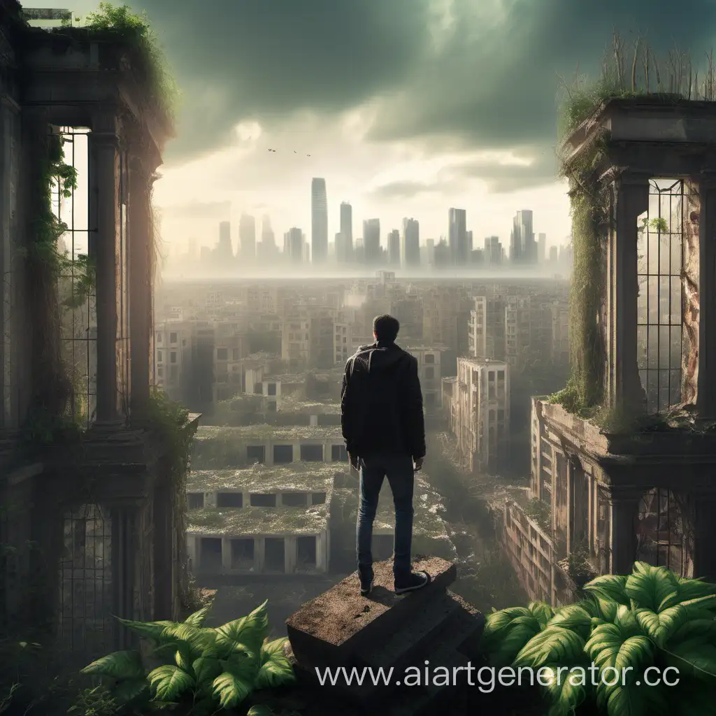 парень стоит на руинах города и всматривается на горизонт, растения завоевывают здания