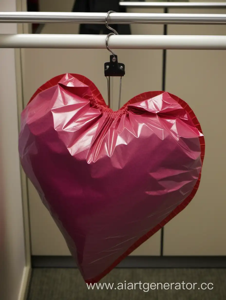 на канцелярском зажиме висят пакеты из магазина которые складываются в форму сердца