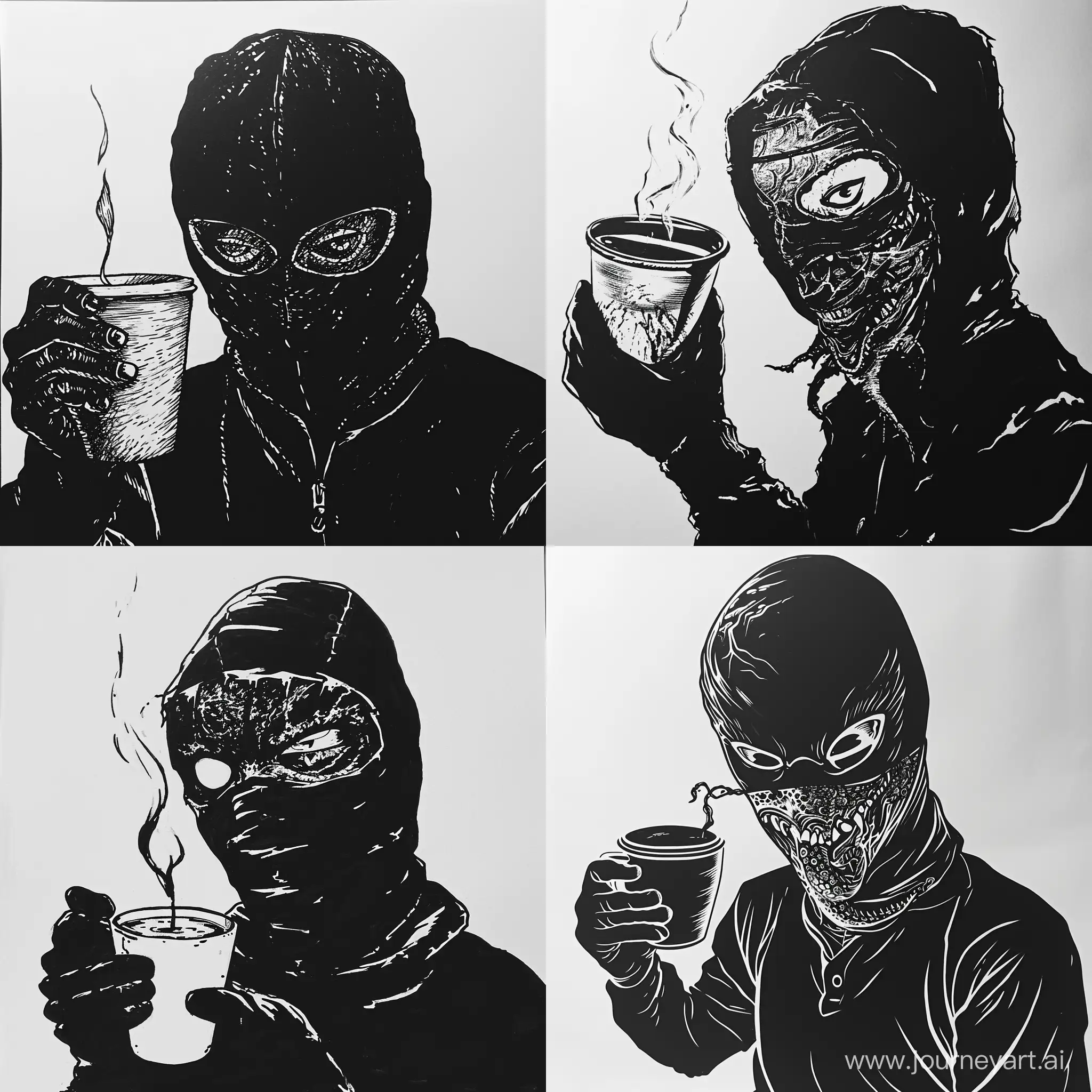 a black and white drawing of a person holding a cup of coffee, mf doom, balaclava, ski mask, by Bascove, grime, mf doom mask, mf doom reptile eyes, mf doom with reptile eyes, portrait of mf doom, thug life, wearing bandit mask, ski masks, london gang member, twisted god with no face, black stencil