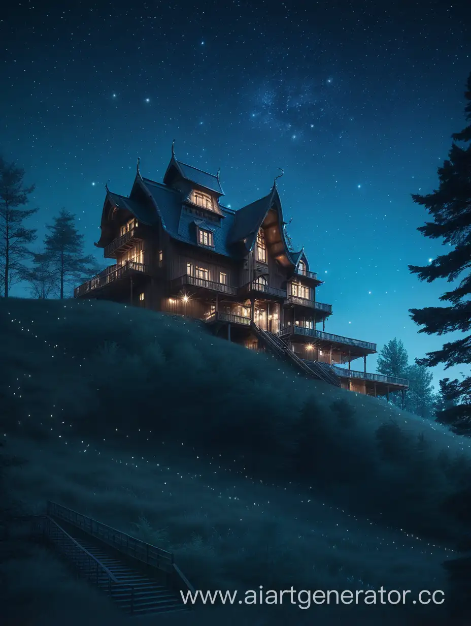 Вдалеке стоит современный деревянный особняк на вершине холма в окружении ночного леса в небе горят звёзды и летают демоны 
